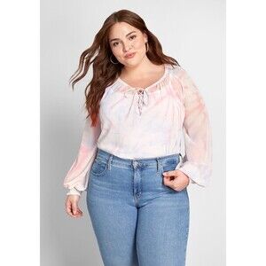 ModCloth Boho I Go Chiffon Tie Dye Pink Blue Top Women’s XL